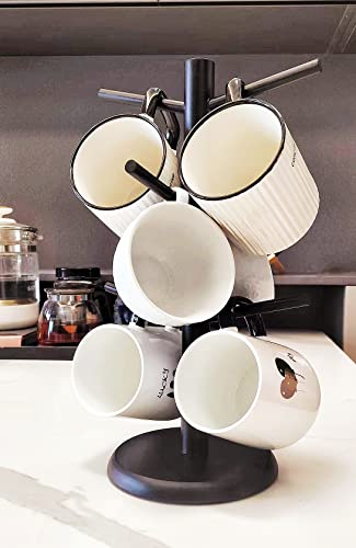 Black Coffee Mug Holder, Non-Slip Cup Tree With 6 Hooks for Counter, Rack (Black)