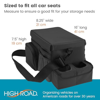 High Road CarHop Car Caddy Organizer with Road Trip Cooler, Car Cup Holder Bin, Sturdy Snack and Play Lid and 6 Organization and Storage Pockets, Black - color: Black