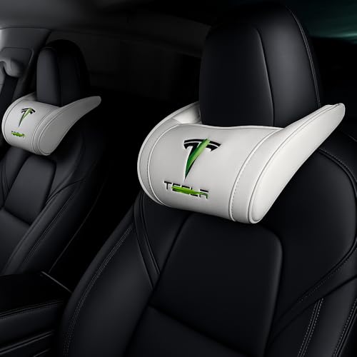 Car Headrest Neck Pillow Support Ergonomic, with Valve Stem Covers Accessory for Driving Seat Fatigue Relief Compatible with Model S X 3 Y & Cybertruck - 1 Piece - color: B. White Ver. 2