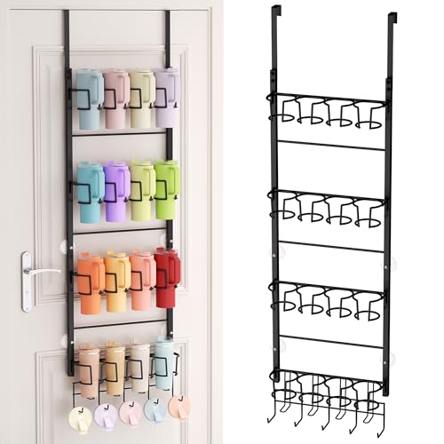 SWTYMIKI 4-Tier Water Bottle Organizer - Over the Door Stanley Cup Holder - Cup Rack with Hooks for Door or Wall Mount Option- Tumbler Organizer Storage Display for Kitchen Dorm Office RV, Black - color: Black, size: 4-Tier