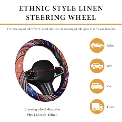 Boho Steering Wheel Cover, 15 Inch Coarse Flax Cloth Ethnic Style Anti-Slip Car Wheel Wrap, Universal Breathable Bohemian Steering Wheel Protector for Cars Vans Trucks (C) - color: C