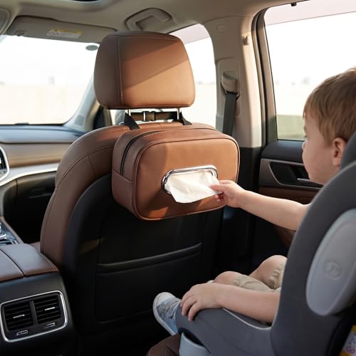 Compact Car Tissue Holder – Premium PU Leather Tissue Box, Fits 100 Sheets, Black Car Storage Organizer for Seat/Headrest/Center Console/Visor (Brown) - color: Brown