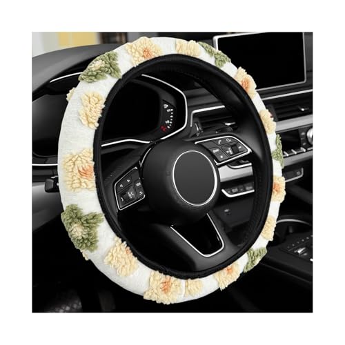 Plush Flowers Steering Wheel Cover, 15 inch Anti-Slip Breathable Steering Wheel Protector Cute Floral Decor, Elastic Soft Wheel Cover Universal Fit for Most Vehicles (Beige) - color: Beige