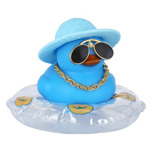1pc Blue Round Hat Duck with Swim Ring, Gold Necklace & Sunglasses - Mini Rubber Duck DIY Dashboard Decor for Car, Office, Desk - Cute Duck Accessories & Ornament - color: Style3