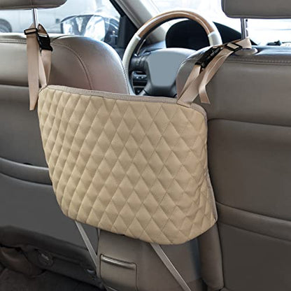 Car Organizers and Storage Purse Holder, Large Capacity Car Net Pocket Handbag Holder, Automotive Consoles & Backseat Organizer, Leather Back Seat Bag Between Car Front Seats, Beige - color: Beige