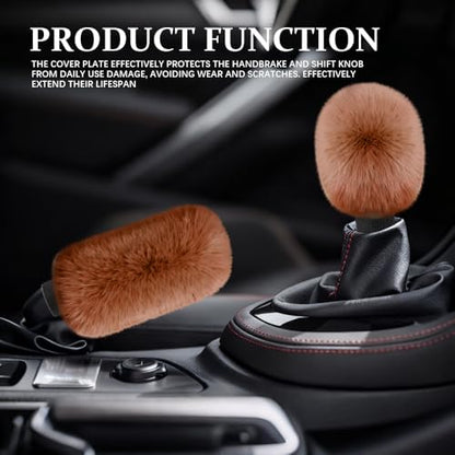 2PCS Plush Car Gear Shift Knob Cover & Handbrake Cover, Shift Knob Protector, Soft Fluffy Gear Handbrake Protective Sleeves, Shifter Lever Brake Handle Warm Plush Set for Cars (Yellow) - color: Yellow