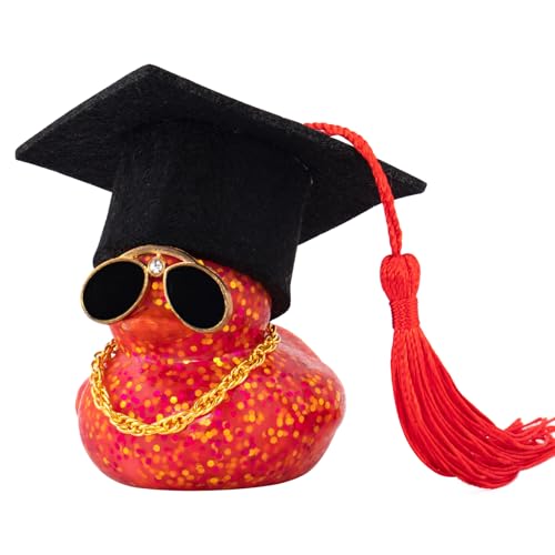 wonuu Car Dashboard Decor Graduation Hat Color Rubber Duck, Car Ducks Ornaments with Mini Graduation Hat Necklace Sunglasses (Glitter, Dark Red)