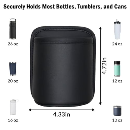 2 Pack Extra Cup Holder for Car, Clip-On Car Door Cup Holder Organizer, PU Leather Car Drink Holder for Small Bottle Coffee Cup Phone Keys Cards, Automotive Seat Pocket Storage, Black