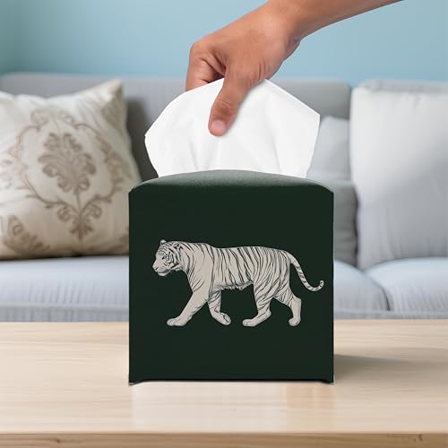 Tiger 5.2-Inch Square PU Leather Tissue Box Cover – Tiger Print, Tiger Decor, Hand-Stitched, Removable Liner, Bathroom, Bedroom, Living Room, Office, Car - color: White