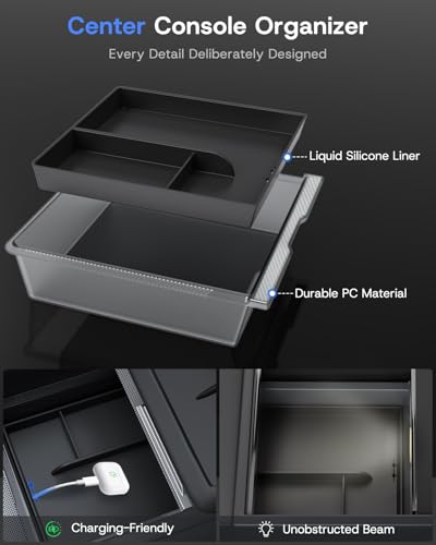 Center Console Organizer Tray for Tesla Model Y Juniper 2025 2026 (Premium & Performance) & Model 3 Highland, PC Material & Silent Silicone Armrest Storage Box Wireless Charging Pad Cup Holder - size: Model Y Juniper & Model 3 Highland