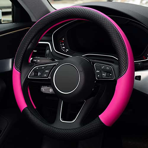 LABBYWAY Steering Wheel Cover, Universal Fit 15 Inch Microfiber Leather Car Wheel Protector, Anti-Slip, Pink - color: black&rose red