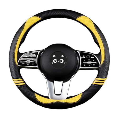Iwantit® Steering Wheel Covers with Leather and Anti-Slip Rubber Ring, Universal Fit 14.5-15 inches for Cars,SUV (Yellow/Black)