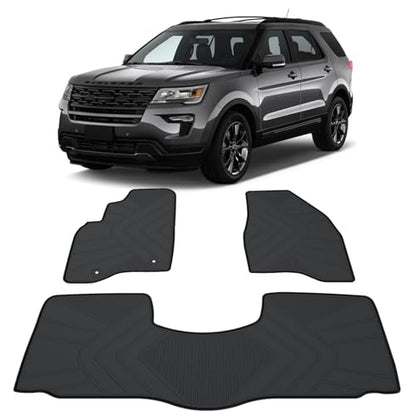 Floor Mats Compatible with 2011-2019 Ford Explorer, Custom Fit All Weather Ford Explorer Car Mats, Latex Heavy Duty Floor Liners Black 3-pc Set, 2012 2013 2014 2015 2016 2017 2018