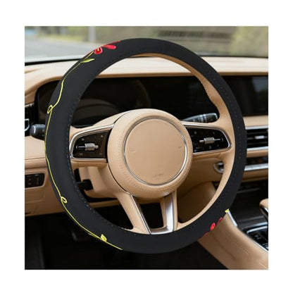 HZEL Twin Flowers Car Steering Wheel Covers, Beautiful Embroidery Non-Slip Vehicle Steering Wheel Protector with Inner Ring, Automotive Interior Protective Accessories, Universal Fit - size: Twin Flowers