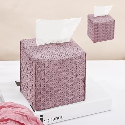 HOMOTEK 2 Pack Tissue Box Cover, Square PU Leather Tissue Holder, Decorative Facial Tissue Cube Paper Organizer Dispenser for Bathroom, Night Stands, Desk, Car 5X5X5'' - Rattan Weave,Plum Red - color: Plum Red, size: Rattan Weave