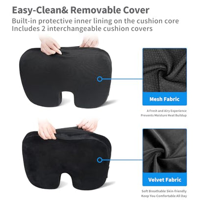 Seat Cushion for Chair - Memory Foam Coccyx Pillow with Non-Slip Bottom, U-Shape for Tailbone & Sciatica Pain Relief. Orthopedic Cushions for Office Chair, Car, Wheelchair (Office, Driving,Home)