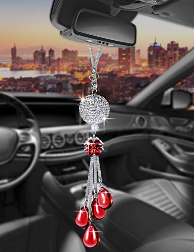 Rearview Mirror Accessories Bling Car Mirror Hanging Accessories Car Decorations for Women Cute Car Decor Car Bling Accessories for Women Bling Accessories for Car Car Mirror Decor(Red) - color: Red, size: Round