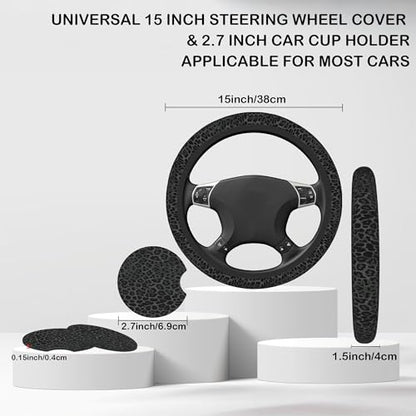 Black Leopard Print Steering Wheel Cover with 2 Pcs Car Coasters Neoprene Steering Wheel Cover for Women Men Anti-Slip Breathable Car Accessories Universal 15 Inch Fit Auto Cars Trucks - color: Black Leopard Print