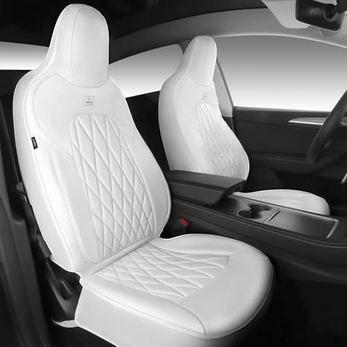 CAR PASS Nappa Leather High Back Front Seat Covers, Tesla Model 3 Model Y Breathable Faux Leather Front Bucket Seat Covers, Anti-Slip Airbag Compatible Universal Fit for Sedan SUV Van Truck, White - color: White High Back, size: Two Front