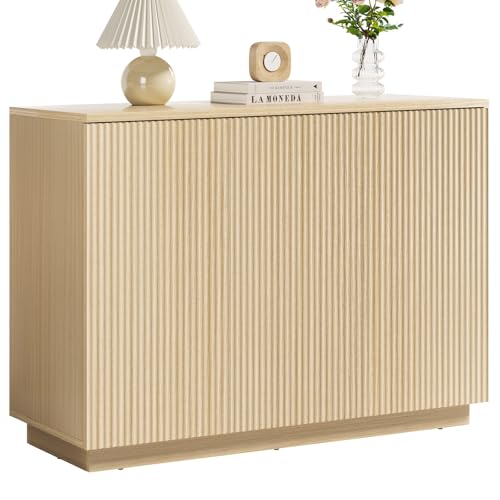 Sideboard Buffet Cabinet with Storage - 47" Fluted Coffee Bar Cabinets Credenza with Adjustable Shelves, Accent Buffets & Sideboards Console, Wood Side Board for Living Room, Kitchen, Entryway - color: Natural Wood
