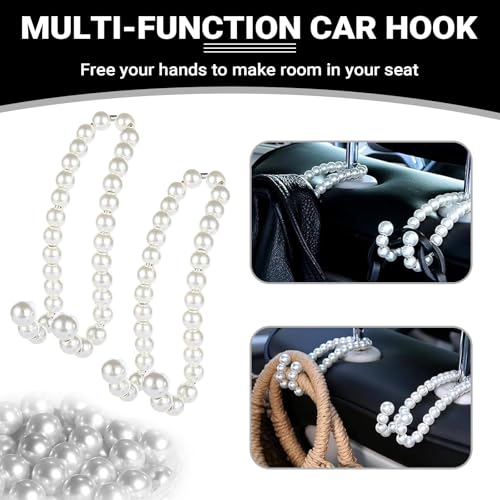 2 PCS Car Seat Headrest Hooks, Cute Pearl Car Purse Hook, Stainless Steel Auto Seat Backrest Storage Hook, Universal Automotive Interior Organizer Accessories for Women Girls (White)