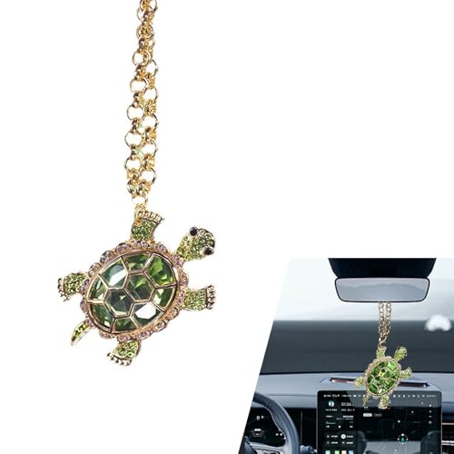 2 PCS Bling Rhinestone Turtle Car Rear View Mirror Pendant Charms, Sparkling Crystal Turtle Interior Mirror Hanging Decorative Accessories, Universal for Most Cars (Green) - color: Green