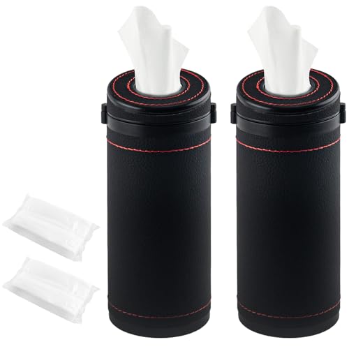 2 Pcs Car Tissues Cylinder Leather Round Tissues Container Car Tissues Holder with Tissues Cylinder Tissue Box with Window Breaker for Car Vehicle Bathroom Office