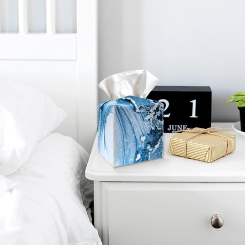 Tissue Box Cover Holder - Blue Marble PU Leather Tissue Box Cover with Bottom Belt, Modern Square Facial Paper Organizer for Tabletop, Bathroom, Kitchen, Car & Office -033 - color: Blue Marble 1