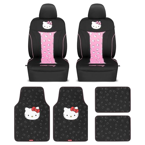 Hello Kitty Car Seat Covers - Cute and Durable Pink Front Seat Covers with 4PC Carpet Car Floor Mats - Universal Fit for Cars, SUVs & Trucks - Black with Red Bow & Hello Kitty Print - color: Covers & Carpet Mats-Red, style: Hello Kitty