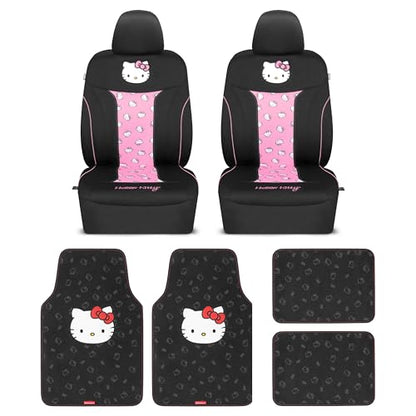 Hello Kitty Car Seat Covers - Cute and Durable Pink Front Seat Covers with 4PC Carpet Car Floor Mats - Universal Fit for Cars, SUVs & Trucks - Black with Red Bow & Hello Kitty Print - color: Covers & Carpet Mats-Red, style: Hello Kitty