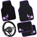 CAR PASS Butterfly Steering Wheel Cover and Waterproof Car Floor Mats,Purple Car Mats 14.5-15inch Steering Wheel Covers Universal Fit for Suvs,Sedans Cars,for Women Girl(Black and Purple) - color: Black and Purple Butterfly