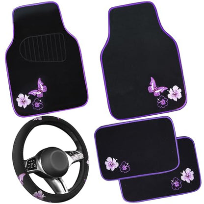 CAR PASS Butterfly Steering Wheel Cover and Waterproof Car Floor Mats,Purple Car Mats 14.5-15inch Steering Wheel Covers Universal Fit for Suvs,Sedans Cars,for Women Girl(Black and Purple) - color: Black and Purple Butterfly