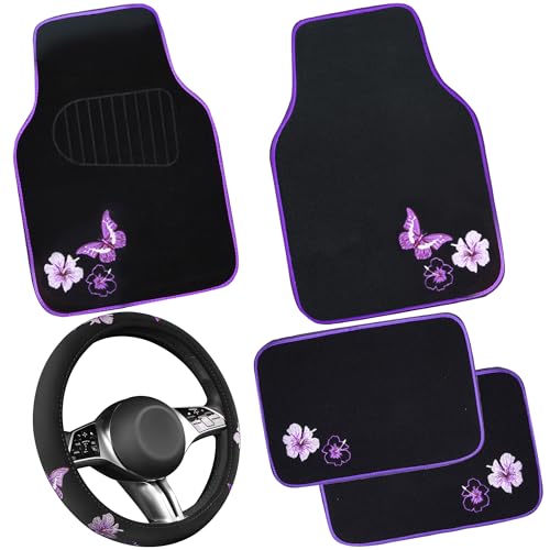 CAR PASS Butterfly Steering Wheel Cover and Waterproof Car Floor Mats,Purple Car Mats 14.5-15inch Steering Wheel Covers Universal Fit for Suvs,Sedans Cars,for Women Girl(Black and Purple) - color: Black and Purple Butterfly