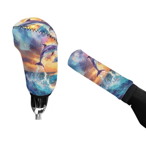 AFPANQZ Dolphin Car Gear Shift Cover Set, Car Gear Shift Knob Cover & Hand Brake Cover Women's Car Interior Accessories Universal Fits Most Vehicles Trucks Sedans - color: Cartoon Dolphin