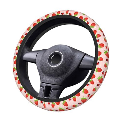 Strawberry Ladybugs Elastic Steering Wheel Cover Non-Slip Breathable Steering Wheel Protector Fit Auto, SUVs, Truck - color: Strawberry Ladybugs