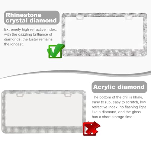 QUANQIUFEI 2 Pack Bling License Plate Frames for Women, Sparkly Rhinestone Diamond Car Accessories with Glitter Crystal Caps (Silver) - color: Silver