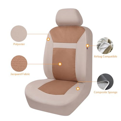 Flying Banner Car Seat Covers Full Set Universal fit Most Car,Truck,SUV and Van Comfortable Airbag Compatible Jacquard & Polyester (Full Set - Low Back, Beige Beige) - color: Beige Beige