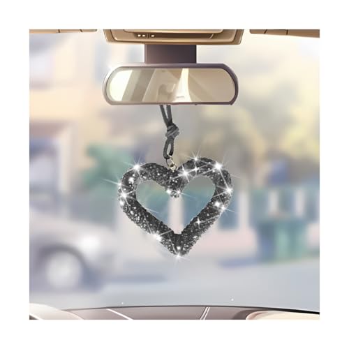 Bling Heart Car Hanging Accessories, Crystal Rhinestone Vehicle Rear View Mirror Charm Pendant Ornaments, Cute Diamond Auto Interior Hanger Decoration for Women Girls（Light Black） - color: Light Black