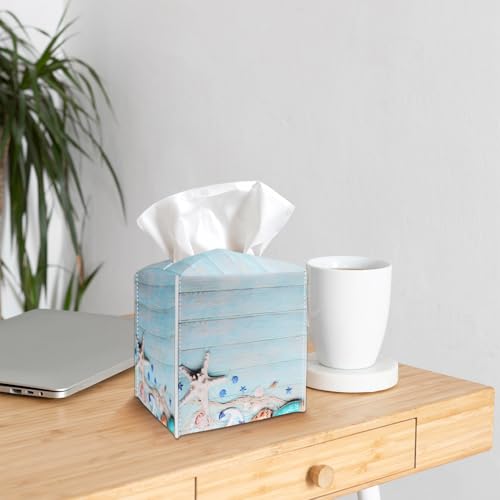 Blue Tissue Box Cover Holder - Starfish PU Leather Tissue Box Cover with Bottom Belt, Nautical Square Facial Paper Organizer for Tabletop, Bathroom, Kitchen, Car & Office -034 - color: Starfish