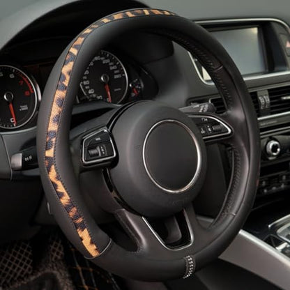 Steering Wheel Cover, Made with Breathable Microfiber Leather and Leopard Fabric, Universal 14.5-15 inchs for Most Automotive Steering Wheel,Cheetah Print, Black - color: Leopard Print