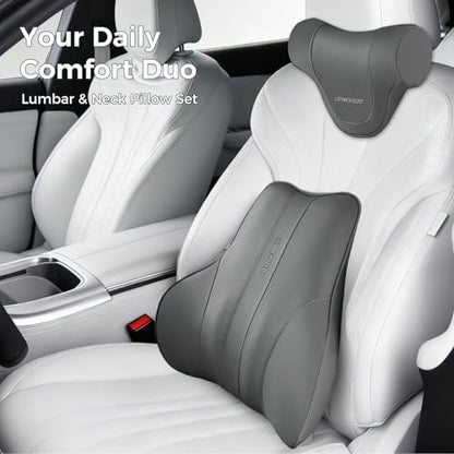 Coverado Lumbar Support Pillow for Car, Ergonomic Memory Foam Back Pillow for Office Chair, Back Cushion for Back Pain Relief, PU Leather Car Lumbar Support for Driving Seat - Gray