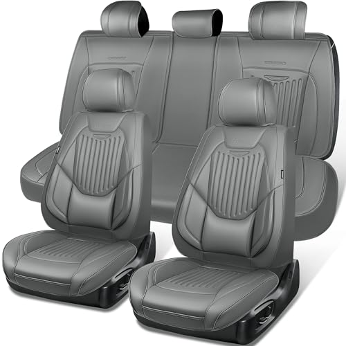 CAR PASS Luxury Nappa Leather Car Seat Covers Full Set, Lumbar Support Seat Covers for Car 5 Seats, Waterproof Car Seat Protector, Automotive Seat Covers Universal Fit for Most Sedans SUV Trucks Gray - color: gray