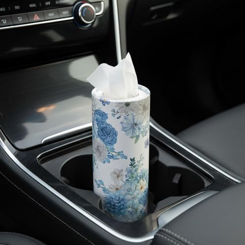 Ctosree Car Tissues Holder with Facial Tissues-6pk- Travel Tissue Tubes Box Container Fit for Car Cup Holder Tissues Floral Cylinder(Blue,White)