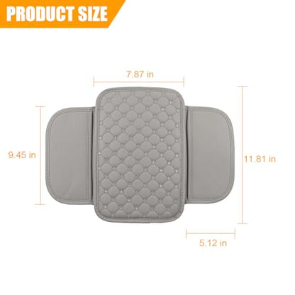 Bling Car Center Console Cover, Leather Crystal Rhinestone Vehicle Armrest Cushion Pad with Side Storage Bags, Scratch Resistant Auto Middle Console Protection Mat, Universal Fit (Gray)
