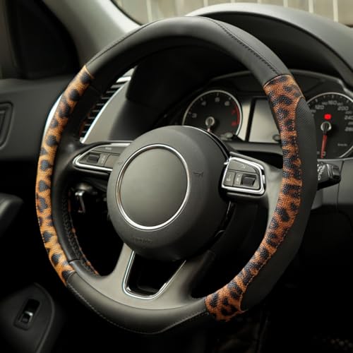 Leopard Steering Wheel Cover, Universal 15 inch Breathable Microfiber Leather Steering Wheel Protector, Anti Slip Car Interior Accessories, Black - color: Leopard Black
