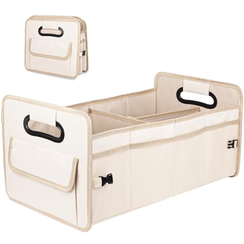 Car Trunk Organizer, Car Organizers and Storage Collapsible Multi Compartment Container Box, Adjustable Car Accessories for SUV Sedan Truck, Large Size, Beige - color: Beige, size: Large