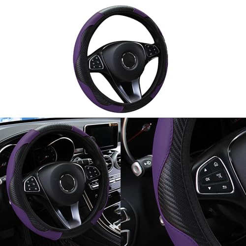 Car Steering Wheel Cover, 15 inch Carbon Fiber Microfiber PU Leather Elastic Steering Wheel Protector for Men Women, Anti-Slip Breathable Car Interior Accessories for Most Cars (Purple) - color: Purple