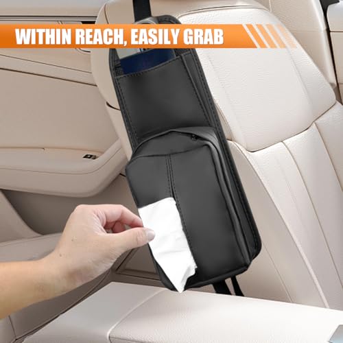 Car Seat Side Organizer, Waterproof Leather Car Tissue Holder, 2 in 1 Multifunctional Mesh Net Pocket for Phone Wallet, Universal Vehicle Hanging Storage Box for Cars, SUVs, Trucks (Black)