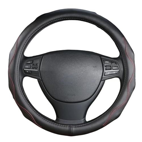 Leather Steering Wheel Cover 15 Inch – Real Leather with Silicone Lining, Non-Slip Universal Fit for Cars, SUVs & Trucks (Measure Before Purchase) - color: black-red stitching, size: 15 inches