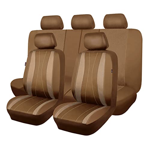 Flying Banner car seat Covers Full Set Faux Leather Air Mesh Breathable Man Lady Airbag Compatible Rear Bench Split 40/60 50/50 60/40 Truck Pick Up (Full Set - Low Back, Solid Beige) - color: Solid Beige